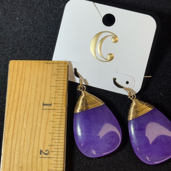 Charming Charlie’s Gold Tone Purple Enamel￼ Teardrop Earrings 2 inch approx - Picture 4 of 5